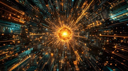 Poster - Dynamic urban energy burst futuristic cityscape digital art nighttime aerial view vibrant technology concept