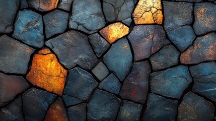 Poster - A textured surface of cracked stones with varying shades, interspersed with warm golden highlights, creating an intriguing visual contrast.