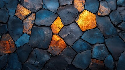 Poster - A textured mosaic of dark stones with shimmering golden accents, creating a visually striking and artistic surface.