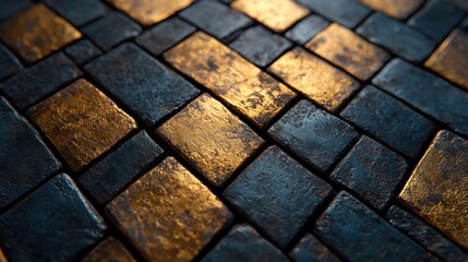 Poster - A close-up view of textured cobblestone pavement, featuring shades of blue and gold, reflecting light and creating a visually striking pattern.