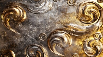 Poster - Dynamic golden swirls on metallic surface abstract art contemporary design textured background close-up visual harmony