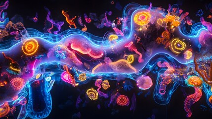 Poster - Vibrant microbial action underwater world digital art sci-fi environment abstract viewpoint living organisms concept
