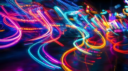 Poster - Dynamic light trails urban nightscape photography vibrant colors aerial perspective creative abstract art