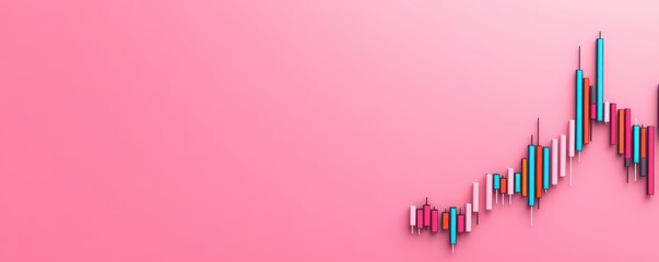 Poster - A vibrant pink background features a rising candlestick chart, symbolizing growth and upward trends in finance or stock markets.