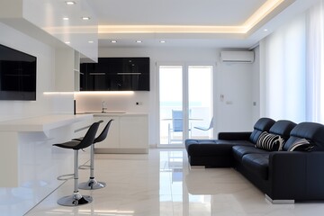 Poster - Contemporary studio apartment interior design with sleek black and white furniture, a Murphy bed, and LED lighting for a futuristic vibe.