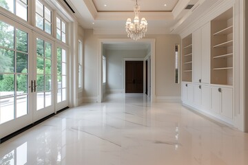 Poster - Luxury studio interior design with marble flooring, a statement chandelier, and elegant built-in cabinetry for a sophisticated aesthetic.