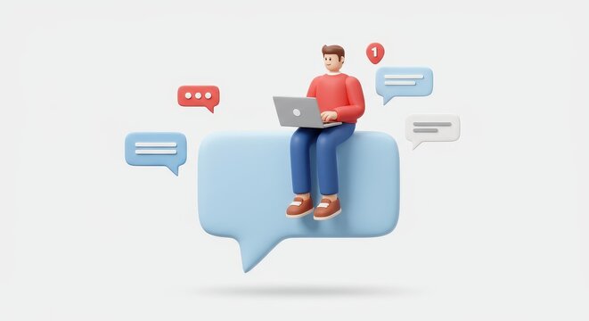 3D cartoon male character sitting on a large light blue floating chat bubble