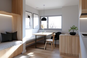 Poster - Scandinavian-style studio interior design with light wood flooring, a small dining nook, and a cozy corner desk for remote work.