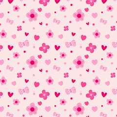 Wall Mural - valentines seamless pattern in pastel pink.hand drawn cute elements, hearts, flowers, bow, dots repe
