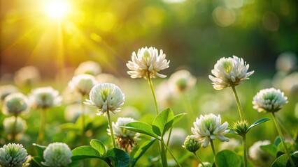 Wall Mural - Spring's gentle touch: white clover wildflowers photographed in a vibrant meadow.