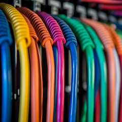 Fototapete - close-up of well-organized internet wires, featuring a spectrum of colors that create a visually appealing and tidy arrangement