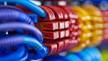 Fototapete - close-up of well-organized internet wires, featuring a spectrum of colors that create a visually appealing and tidy arrangement