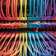 Fototapete - close-up of well-organized internet wires, featuring a spectrum of colors that create a visually appealing and tidy arrangement
