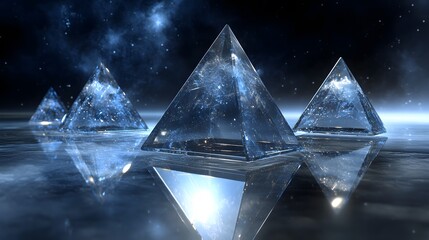 Poster - Illuminating crystal pyramids reflecting in a cosmic ocean digital art serene ethereal futuristic