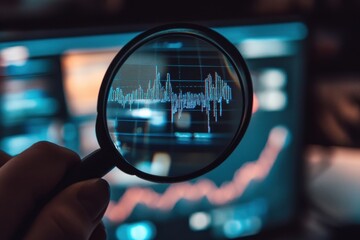 Poster - a person examines a computer screen closely using a magnifying glass for detailed analysis. a person