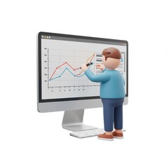 Poster - A 3D illustration of a person interacting with a graph on a large computer screen isolated on a white background.