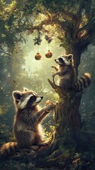 Poster - Two Raccoons Decorate a Forest Tree for Christmas