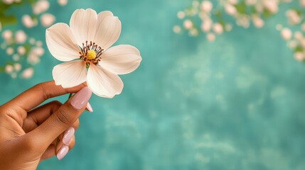 Poster - Delicate White Flower Held by Hand Against an Aquatic Background with Soft Blossoms