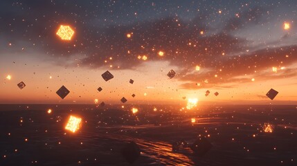 Poster - Dynamic sunset with floating geometric shapes abstract landscape digital art vibrant environment aerial view surreal concept