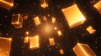Poster - Floating golden cubes cosmic space 3d animation dark environment wide view abstract concept