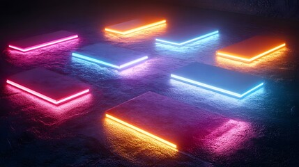 Poster - Illuminated neon panels urban studio digital art vibrant environment aerial view modern aesthetic