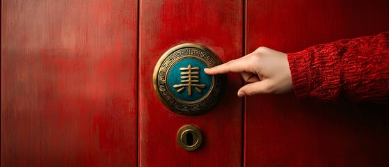 Hand Reaching for Decorative Door Knob on Red Door