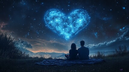 Wall Mural - Couple Sitting on Blanket Staring at Heart Shaped Nebula Under Starry Sky Creating Romantic Scene