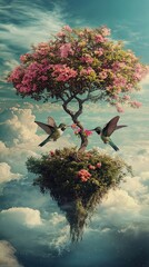 Poster - Blooming Treetop Island With Hummingbirds Feeding