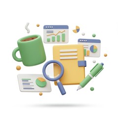 Fototapete - A 3D illustration of various research tools including coffee cup, magnifying glass, notebook, pen and floating interface elements isolated on a white background.