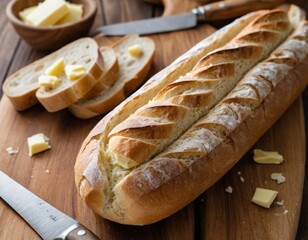 Canvas Print - Warm Crusty Bread and Butter on Wooden Cutting Board