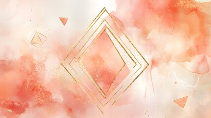 Poster - Abstract Coral Watercolor Background With Gold Geometric Shapes