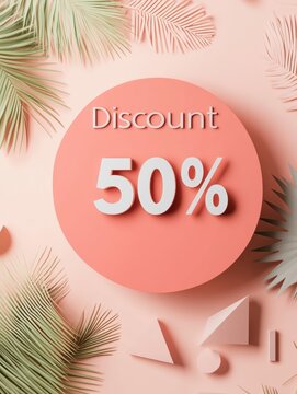 3D Render of 50% Discount on a Bright Sale Poster with Soft Pastel Background and Geometric Shapes