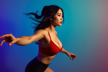 Wall Mural - Dynamic motion is captured in a cool-toned scene, featuring an Asian woman with large breasts wearing a red bra, with blurred lines and action poses against a solid color background of blues.