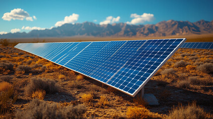 an array of solar panels stretches across a desert landscape