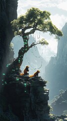 Poster - Two Red Pandas Resting Under a Mystical Tree in a Gorge