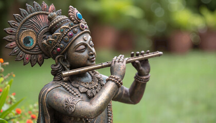 Elegant Lord Krishna statue playing flute amidst lush green garden setting