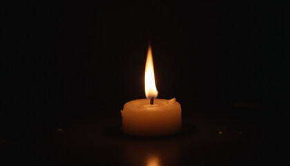 Lit candle emitting warm light in dark setting for calm and ambiance concept