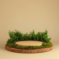 Wooden podium for product display with green moss and tree on brown background