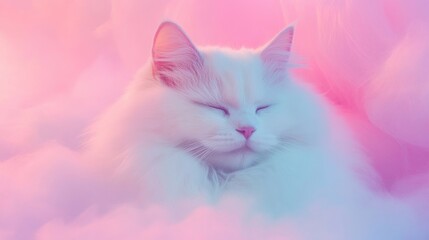 Wall Mural - a cute cat with fluffy white fur rests in a tranquil environment filled with soft abstract clouds an