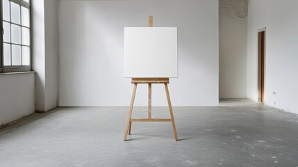 Poster - Bright artist studio features a blank canvas on an easel, symbolizing potential and creativity in a spacious environment
