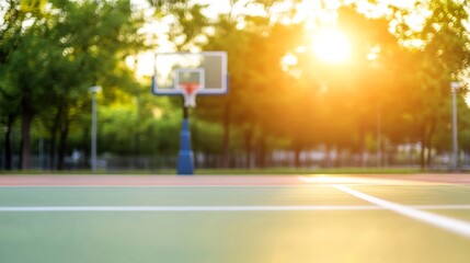 Sunset basketball court, outdoor game, park trees,  summer evening, sports activity