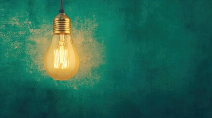 Wall Mural - A warm glowing filament light bulb hangs against a striking teal backdrop, creating an inviting and atmospheric glow