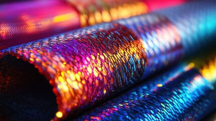 Poster - Focus on intricate details of holographic foil textures reflecting vibrant colors and patterns in varied lighting conditions