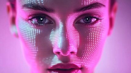 Poster - A striking portrait captures a woman's face adorned with colorful digital light dots, showcasing a futuristic aesthetic