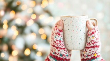 Wall Mural - Woman holds a warm drink in cozy gloves, surrounded by twinkling Christmas tree lights, creating a festive and inviting atmosphere