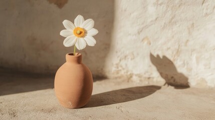 Wall Mural - a white flower blooms in a plain wooden vase, casting soft shadows on a textured surface, creating a