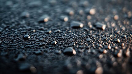 Poster - Close-up of a sleek black metallic surface covered in tiny water droplets that capture the surrounding light and texture, creating an elegant effect