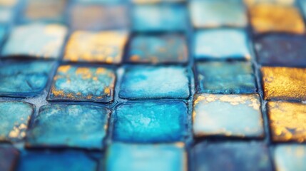 Poster - A close-up view reveals intricately textured glass tiles shimmering in blue and gold tones, creating a stunning visual effect