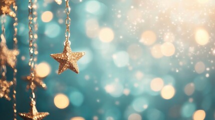 Poster - Bright golden stars hang delicately from chains, shimmering against a vivid blue backdrop, adding a touch of elegance and festivity