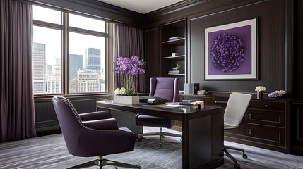 Poster - Modern Executive Office With City View And Purple Accents